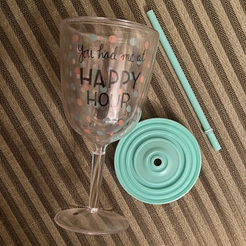 Plastic Mint Green Polka Dot Wine Glass Tumbler w/ Straw & Cover. Wine to-go cup